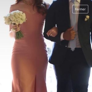 Dessy dusty rose off the shoulder bridesmaid prom dress